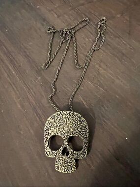 Intricate Floral Skull Pendant Necklace - Gold Tone
